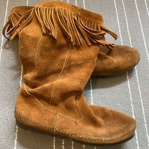 Brown suede moccasin boots